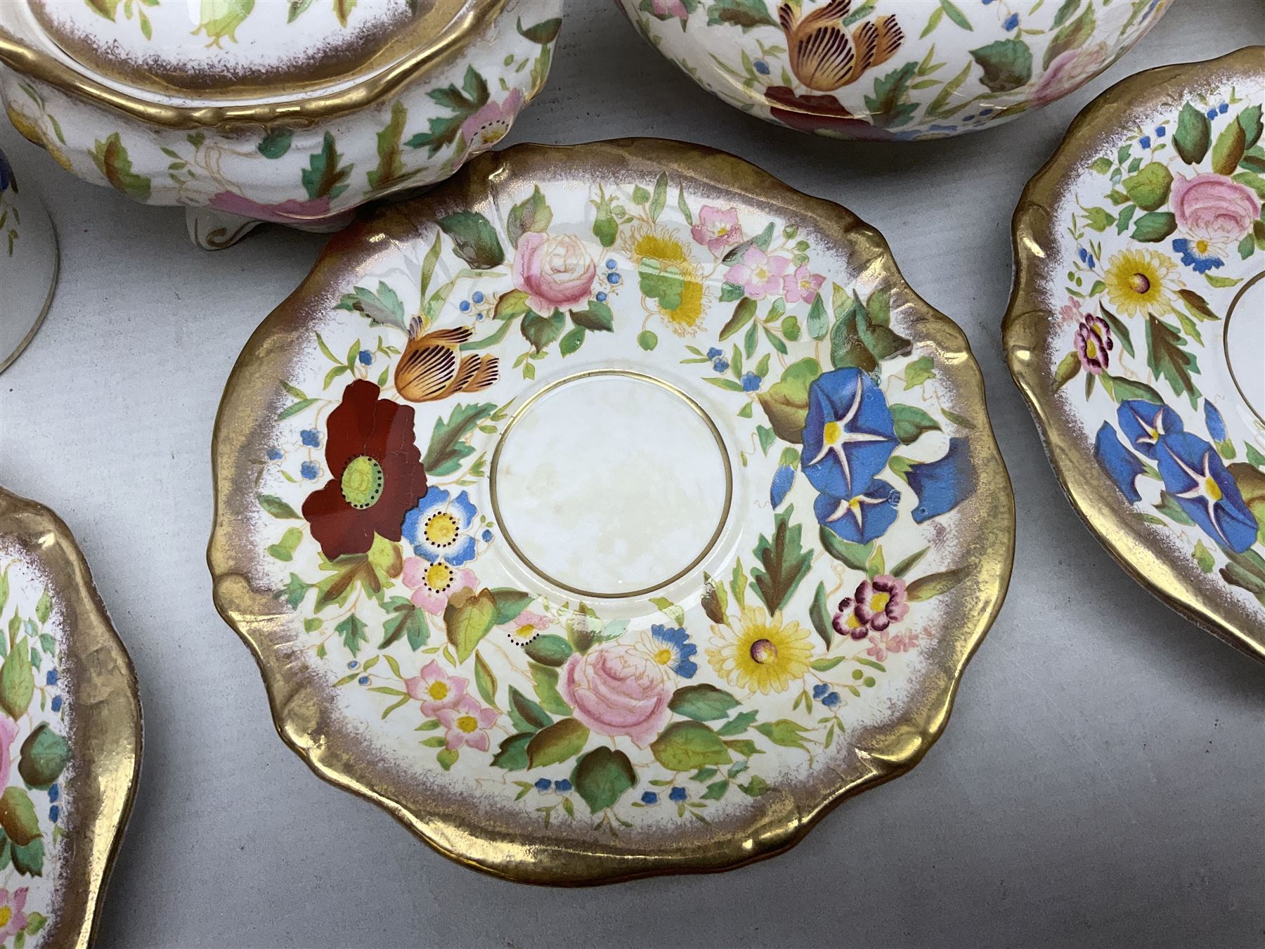 Hammersley Queen Anne pattern, part tea and dinnerwares, to include six dinner plates, five side plates, six soup bowls, teapot, covered sucrier, six teacups and saucers, etc together with six matched dessert plates (40)