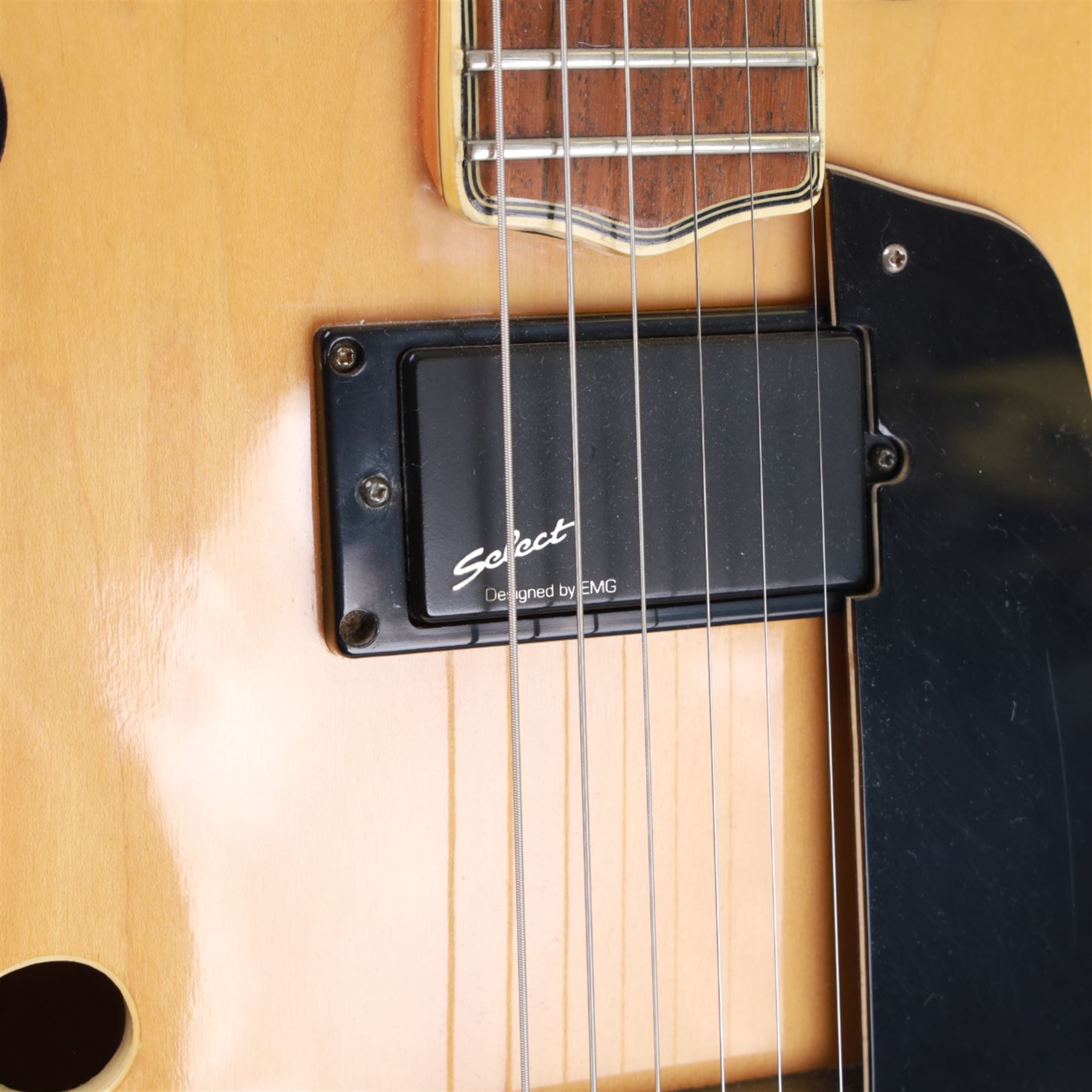 1980s Korean Antoria Jazzstar hollow body electric guitar, in blonde finish with inlaid fretboard, model no E G794, L109cm