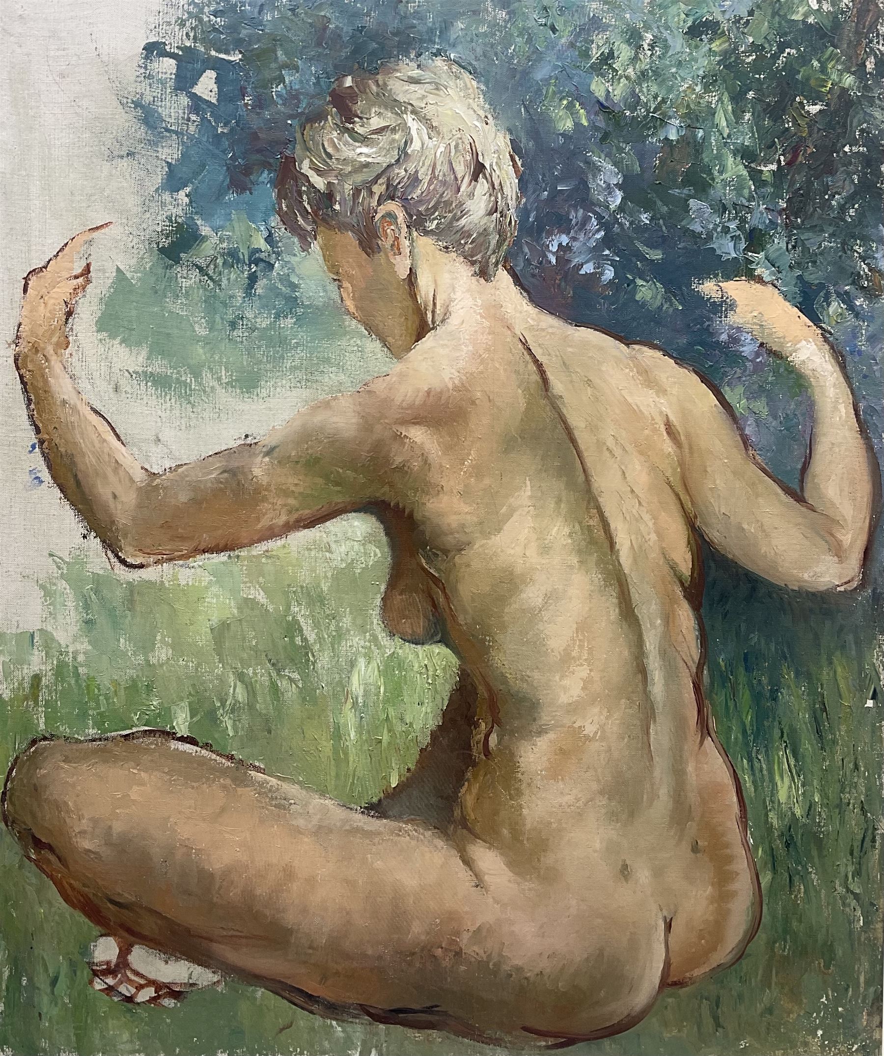 Roberte Chevalier (French 1907-2000): Seated Female Nude outside, oil on canvas laid onto board 62cm x 52cm