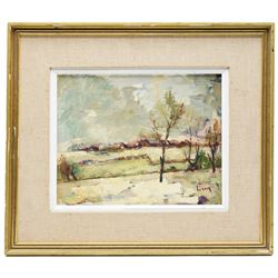 English School (20th Century): Impressionist View of Buildings and Bare Trees, oil on board indistinctly signed 23cm x 29cm