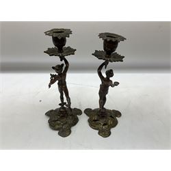 Pair of Victorian brass candlesticks, in the form of Mercury and Fortune, stood up a sphere upon a ornate base, both signed beneath, H23.5cm  