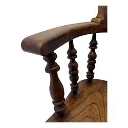 Victorian elm captains smokers bow chair, spindle turned tub shaped back, saddle seat, seat height 41cm