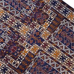 Persian Beluchi indigo ground prayer rug, overall geometric design (147cm x 85cm); together with a Bokhara rust ground rug (146cm x 101cm)