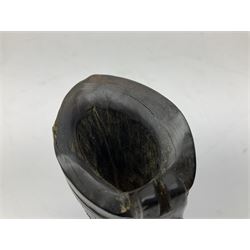 Chinese horn blood collection cup, carved with dragons and key fret border, H9.5cm