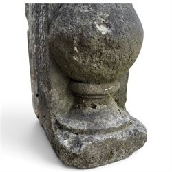 Pair of George III weathered carved sandstone architectural corbels, each with a projecting moulded capital above a half-canted baluster, waisted socle and stepped base
