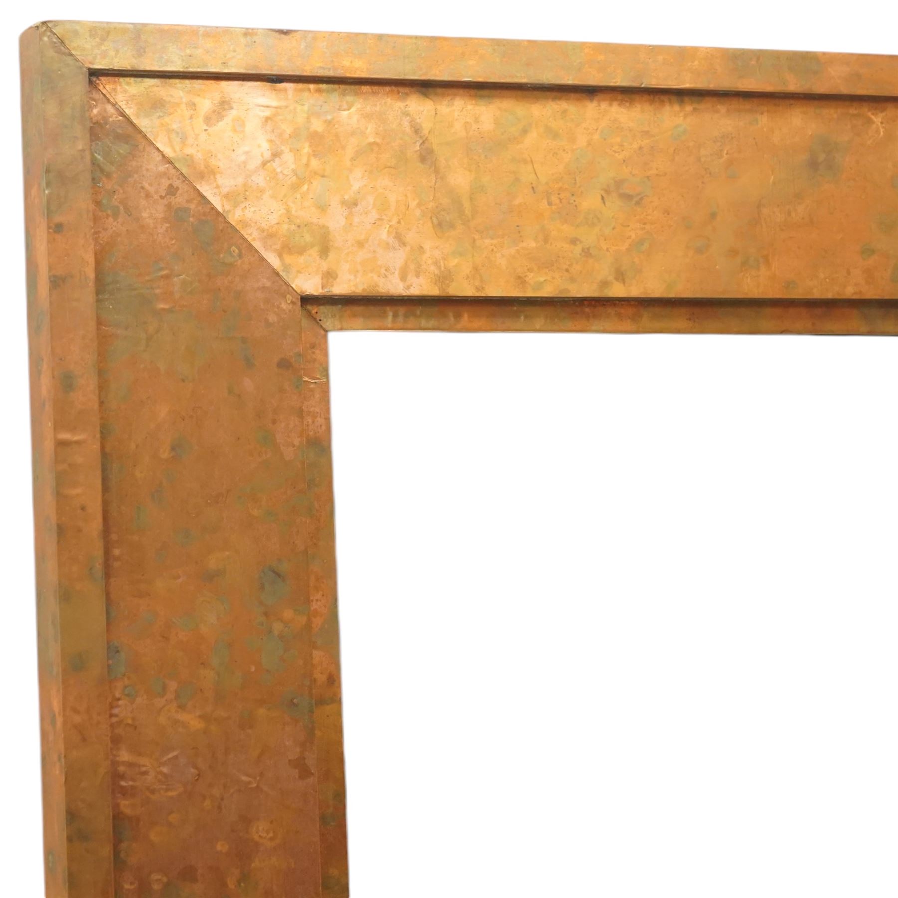 Large contemporary distressed copper effect framed wall mirror, stepped frame enclosing a bevelled mirror plate