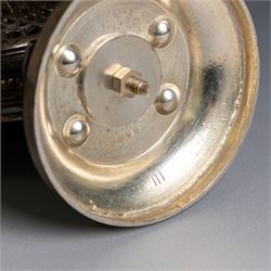 Indian silver folding cake stand, of circular form with pierced decoration, loop handle and circular foot, when folded H18cm
