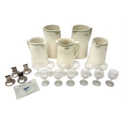 Wilson Line of Hull - five graduated ceramic jugs by Weatherby, Adams and Crown Ducal, largest H22cm, sets of six port and liqueur glasses, four silver plated menu holders and glass ashtray (22)  