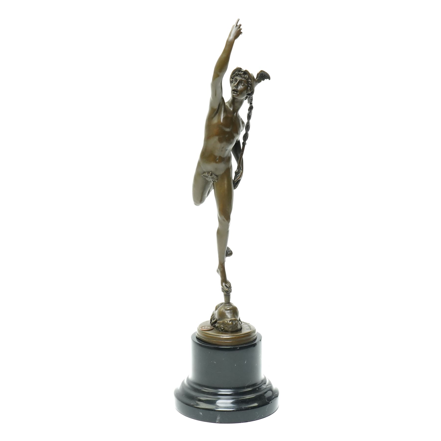 After Giambologna (Italian 1529-1608) Bronze figure of Mercury holding the caduceus on a stepped circular base with signature and foundry mark H43cm