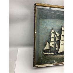 Ship Diorama, three-masted clipper at sea against a painted background, H52cm, L87cm