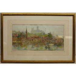  Mary Weatherill (British 1834-1913): Lincoln Cathedral from Brayford Pool, watercolour attributed and initialled by her brother Richard 20cm x 40cm  