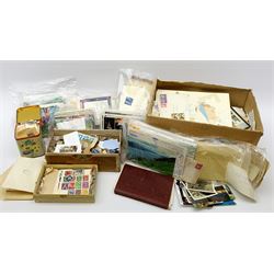 Stamps and postcards including used Queen Victoria penny lilac stamps in bundles, mixed mostly Queen Elizabeth II stamps on pieces, various stamps on covers,  loose World stamps etc, in one box