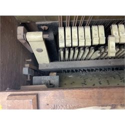 Faventia Half size miniature Spanish barrel piano with a 40cm cylinder playing tunes on a 37 note movement including woodblock and triangle, in a painted case with silk embroidered decoration to the front.  Vicente Linares, Barcelona trade label, with original crank handles, stringing, hammers action, tuning pins and cylinder