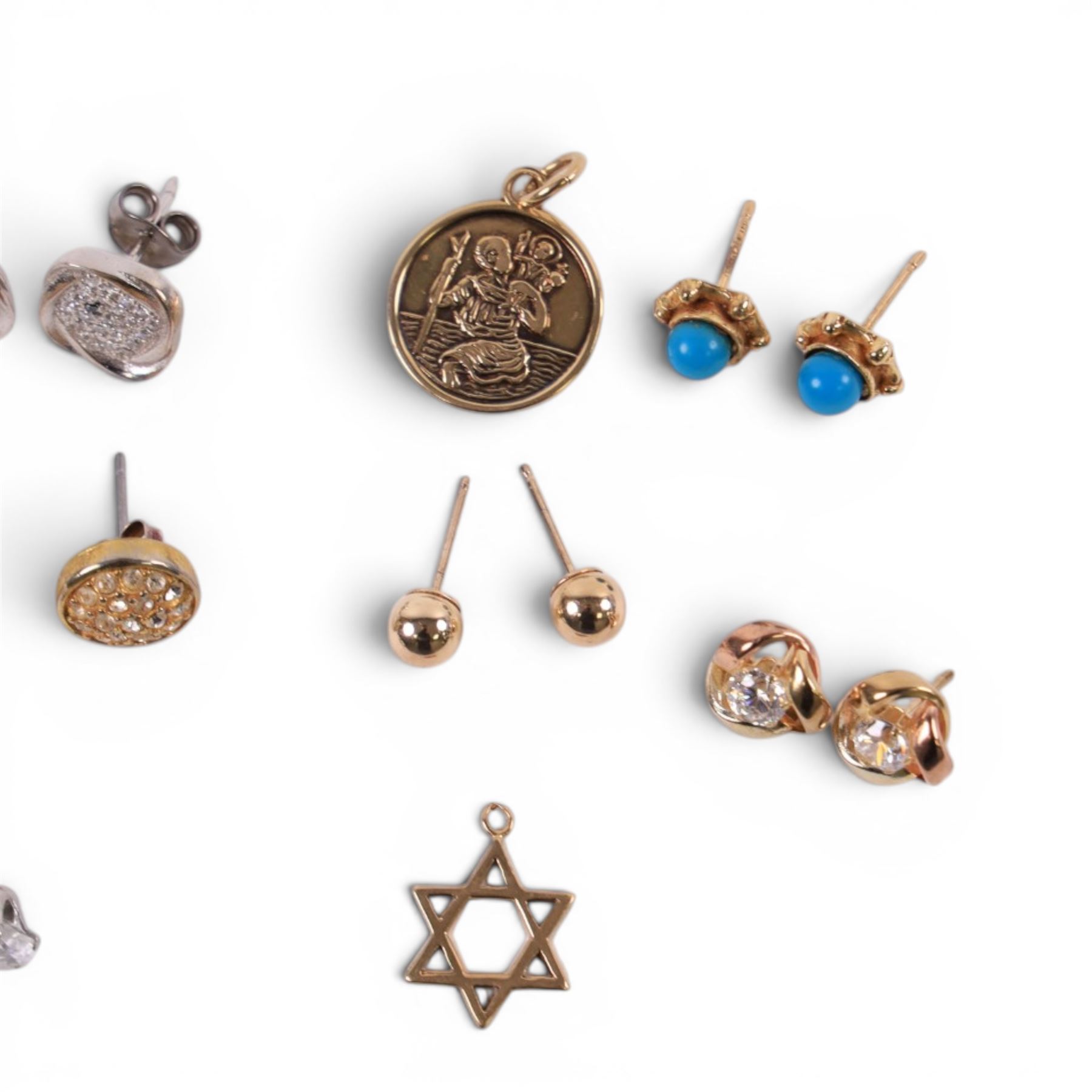 9ct gold jewellery, including St Christopher pendant, star charm and three pairs of stud earrings, together with silver earrings and costume earrings