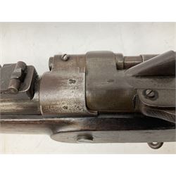 19th century D. & J. Fraser Edinburgh .577 Snider action gun, the 94cm barrel with three-groove rifling, three barrel bands and maker's name to top, full walnut stock with brass fittings, trigger guard inscribed J.D.M.,  L141cm