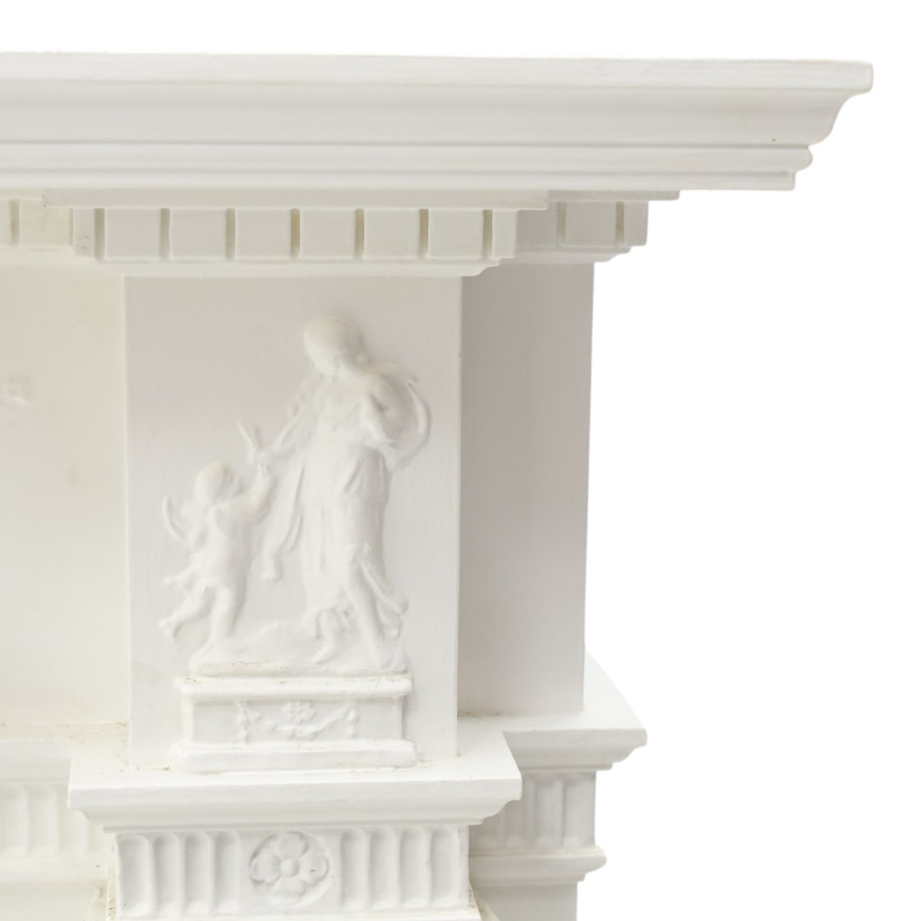 Large Adam's design white painted Neoclassical fire surround, the frieze moulded with goddess and cherubic motifs with bellflower festoons, egg-and-dart moulded inner slip flanked by Ionic capitals on classical columns
