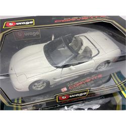 Nine 1:18/1:24 scale die-cast models - two Foxtons Mini Coopers; Road Legends Shelby Cobra; Maisto Mustang Mach III; and five by Bburago including Porsche 356B Cabriolet 1961, Chevrolet Corvette Convertible 1998 etc; all boxed (9)