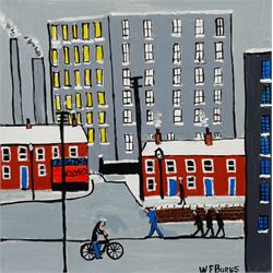 William Findley Burns (Northern British 1949-): 'Mill Town', oil on canvas signed, titled verso 30cm x 30cm (unframed)