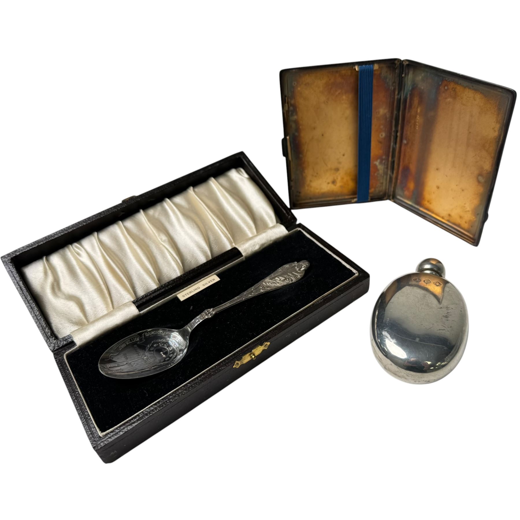 Silver cigarette case and birth record spoon, together with a silver plated hip flask