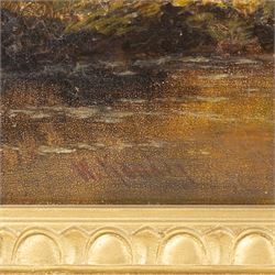 English School (19th Century): Cottage and River Landscape, oil on canvas indistinctly signed, also titled 'on the -' indistinctly verso in large gilt frame 60cm x 90cm