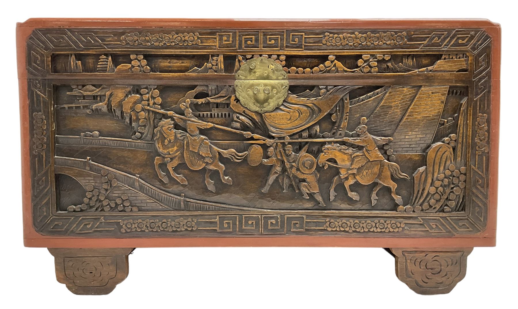 Mid-20th century Singapore camphor wood blanket chest, heavily carved depicting battle scenes and cityscapes 
