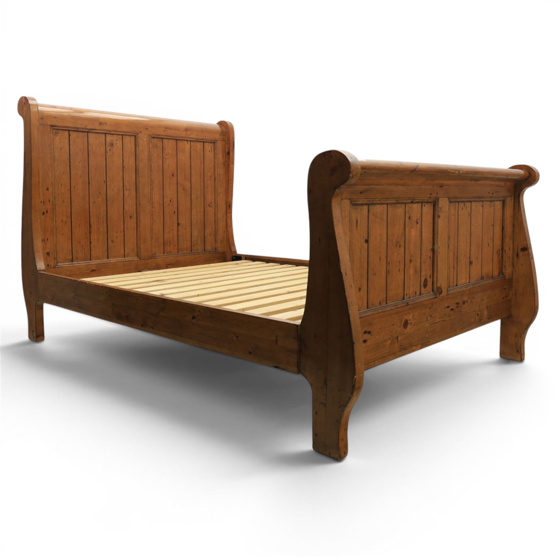 Barker & Stonehouse - rustic waxed pine double sleigh bed, with wooden slats