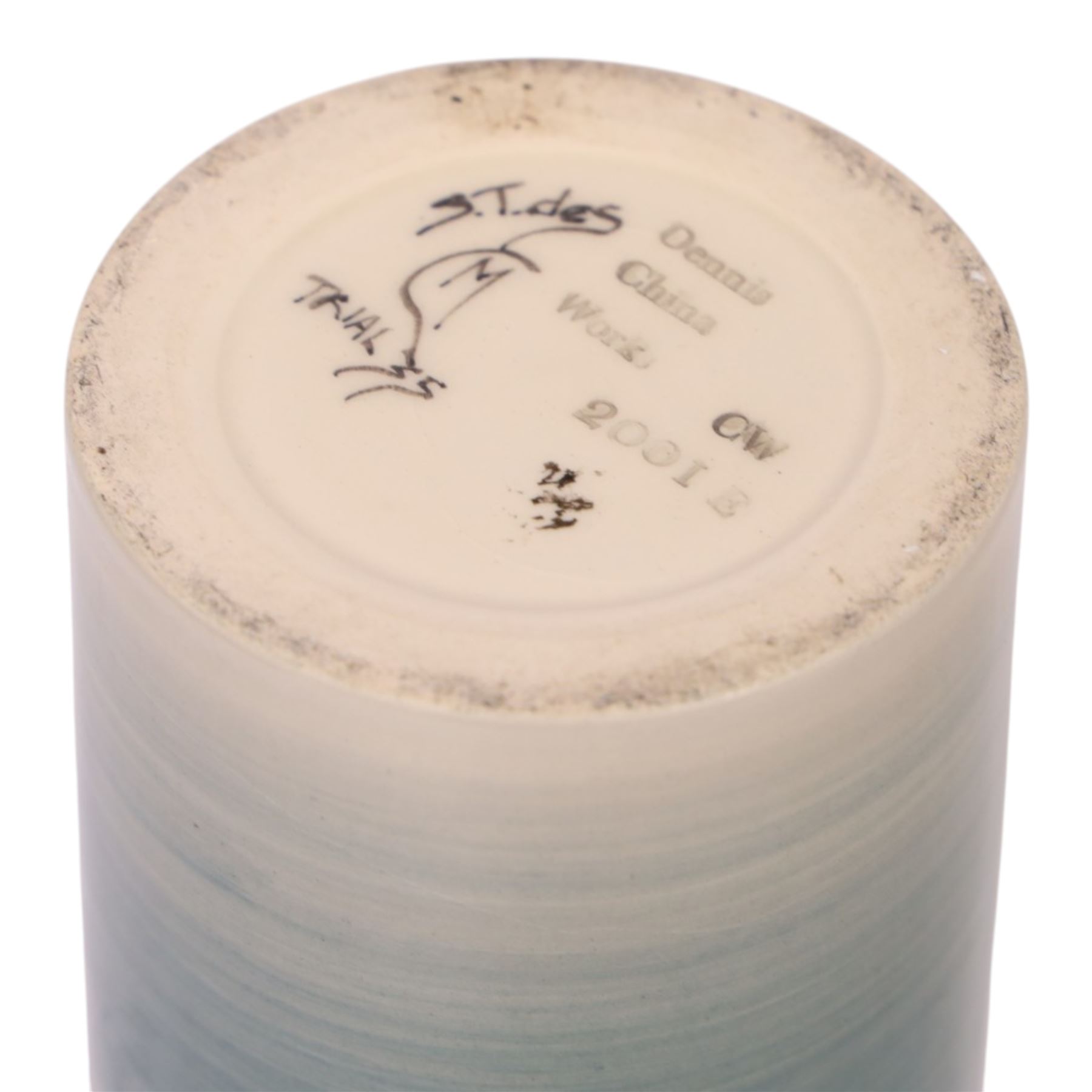 Dennis China Works trial vase of cylindrical form, decorated with snowflakes on a green ground, H23cm 