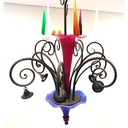 Large 20th century wrought iron and glass six light chandelier, magenta glass trumpet column, twelve scroll branches, blue glass trumpet form base and five removable obelisk type mottled glass columns, H107cm approx   