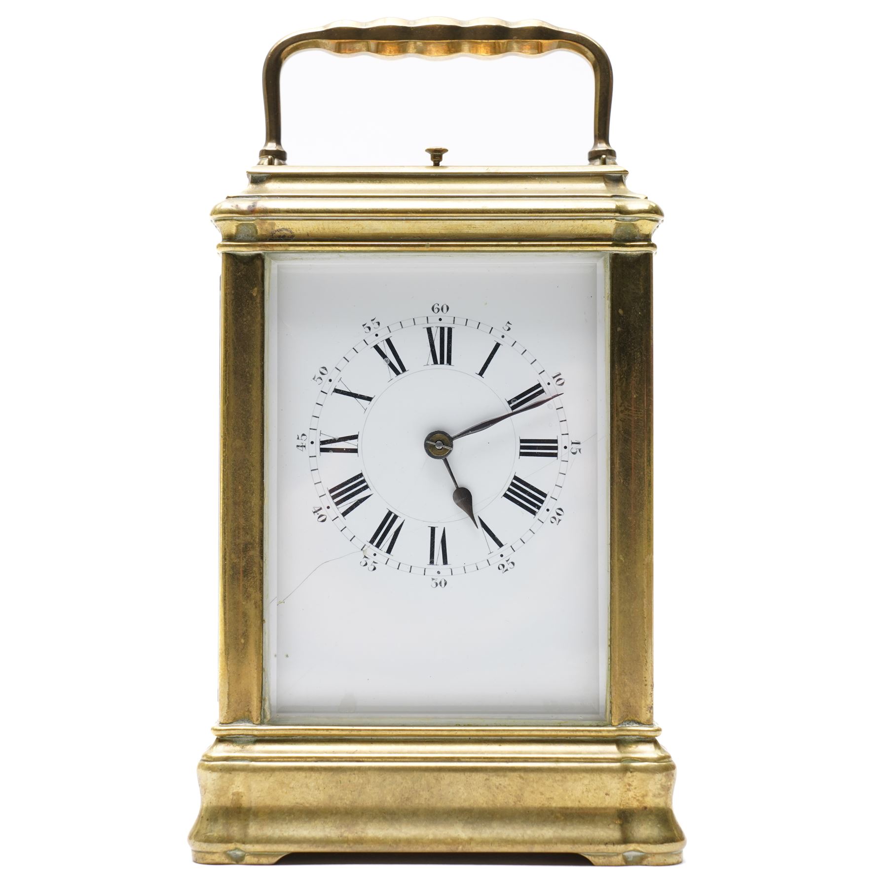 French-19th century 8-day quarter striking carriage clock with strike repeat in a Gorge case, white enamel dial with Roman numerals and steel spade hands, twin barrel movement striking the quarters and hours with two hammers on two coiled gongs to the backplate, silvered platform lever escapement with a jewelled balance and timing screws, with a full, strike, silent, and quarter selection lever to the base. 
Serial number 18874.