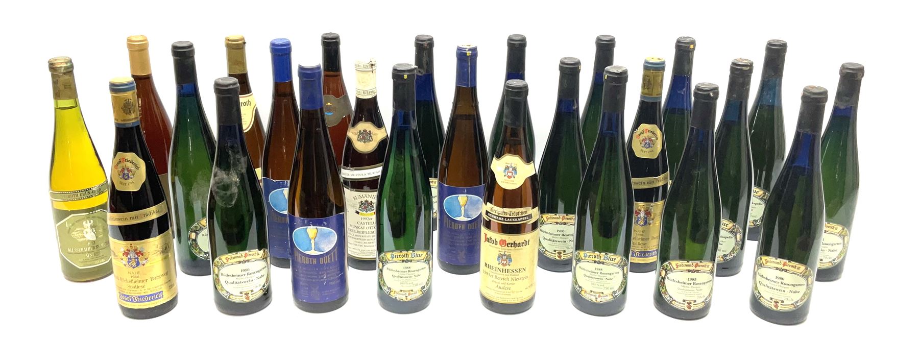 Mixed alcohol including Pieroth Blue 1988 Qualitatswein Nahe 750ml, 10%Vol, Ferdinand Pierroth 1986 Qualitatswein Nahe 70cls etc, various contents and proofs, 25 bottles