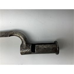 British pattern 1876 socket bayonet with 55cm triangular blade; another smaller socket bayonet; and a leather shot flask, the brass action marked Sykes (3)