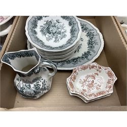 Masons Ironstone ceramics, including Ascot pattern jug, charger and oval plates, two tea jars, Manchu pattern fruit bowl, Fruit Basket pattern fruit bowl, etc, in three boxes