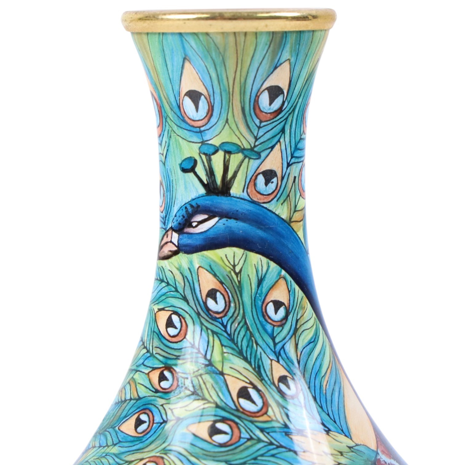 Moorcroft enamel vase, peacock design, signed beneath, boxed 