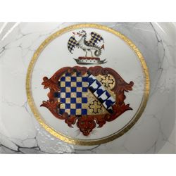 Early 19th century Barr, Flight and Barr Worcester plate, the centre painted with the Warren impaling Mangles coat of arms, within a grey marble effect surround and gilt border to edge, with impressed and painted marks beneath, D23.5cm

