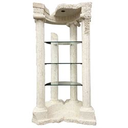 Cast architectural stone effect column display stand, fitted with three glass shelves 