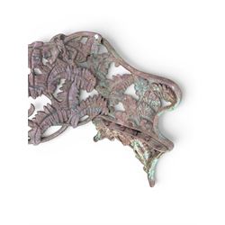 Victorian naturalistic design heavy cast iron garden bench, well defined fern pattern curved back-rest with arms, lacking seat slats for restoration