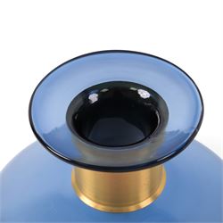 Pair of blue glass  bottles, with gilt metal collars, H40cm