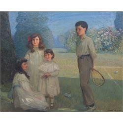 Mark Senior (Staithes Group 1864-1927): The Ives Family, on the Edge of the Tennis Court, oil on canvas signed 126cm x 151cm 
Provenance: direct from the family of the artist, formerly in the collection of Mrs M.V. Hudson, the artist's daughter; exh. 'Mark Senior 1862-1927', Elizabethan Exhibition Gallery, Wakefield, 16th April - 2nd July 1983, no. 8. 
Notes: the Ives family owned a Leeds worsted manufacturing firm. In 1914 Senior exhibited a portrait of Miss Gladys Ives in the National Portrait Society's annual exhibition. 
Notes: sold together with a copy of a photograph of the artist painting the present lot. In the photograph, two of the young girls are wearing hats, which do not appear in the finished work. Reputedly, the girls' mother, who commissioned the painting, did not like that they obscured the girls' faces and had Senior remove them. Tennis was a favoured subject Senior, alongside other British Impressionists such as Sir John Lavery; his 'The Tennis Player', sold Christie's 15th July 2021 Lot 140, set the record auction price for the artist.