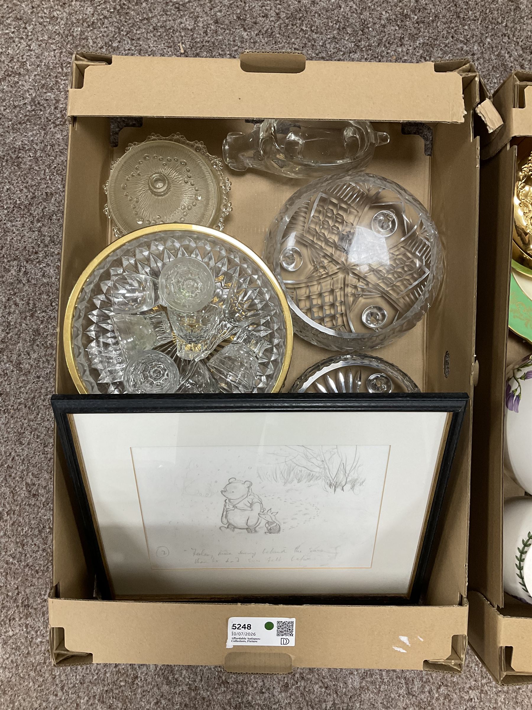 Collection of ceramics, glassware, metalware and one picture, to include two Portmeirion Botanic Garden vases and after Ernest Howard Shepard (British 1979-1976): Winnie The Pooh original sketch print, in two boxes