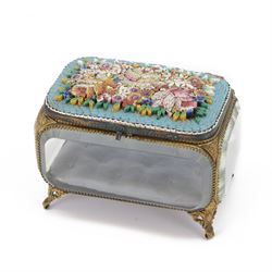 Micro mosaic jewellery casket with bevelled glass sides, the hinged lid decorated with wit...