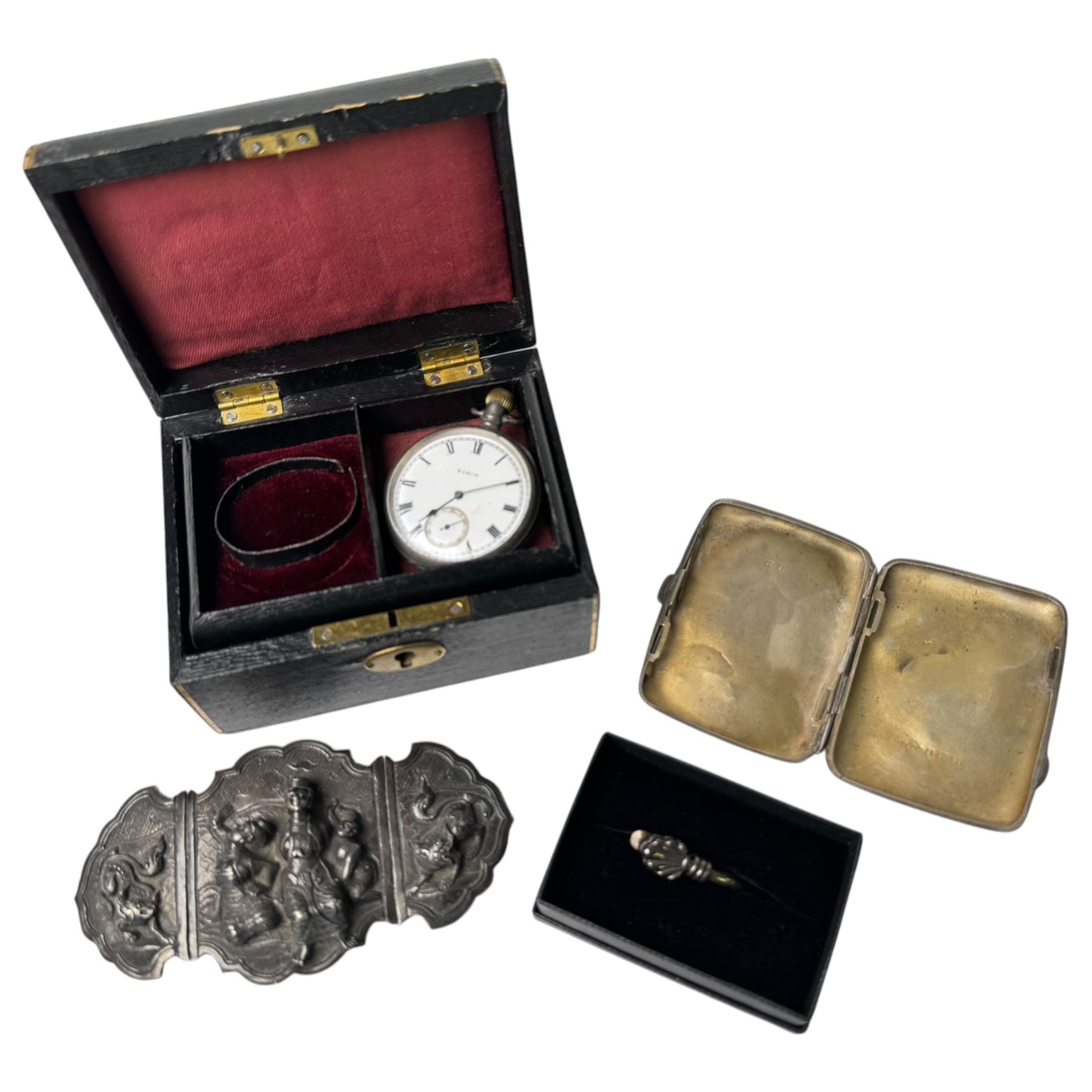 Silver cased Elgin pocket watch, Thai silver belt buckle, silver cigarette case and money clip