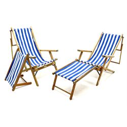 Geebro - ‘The Ocean Chair’ two vintage beech framed folding deck chairs with blue and white striped fabric 
