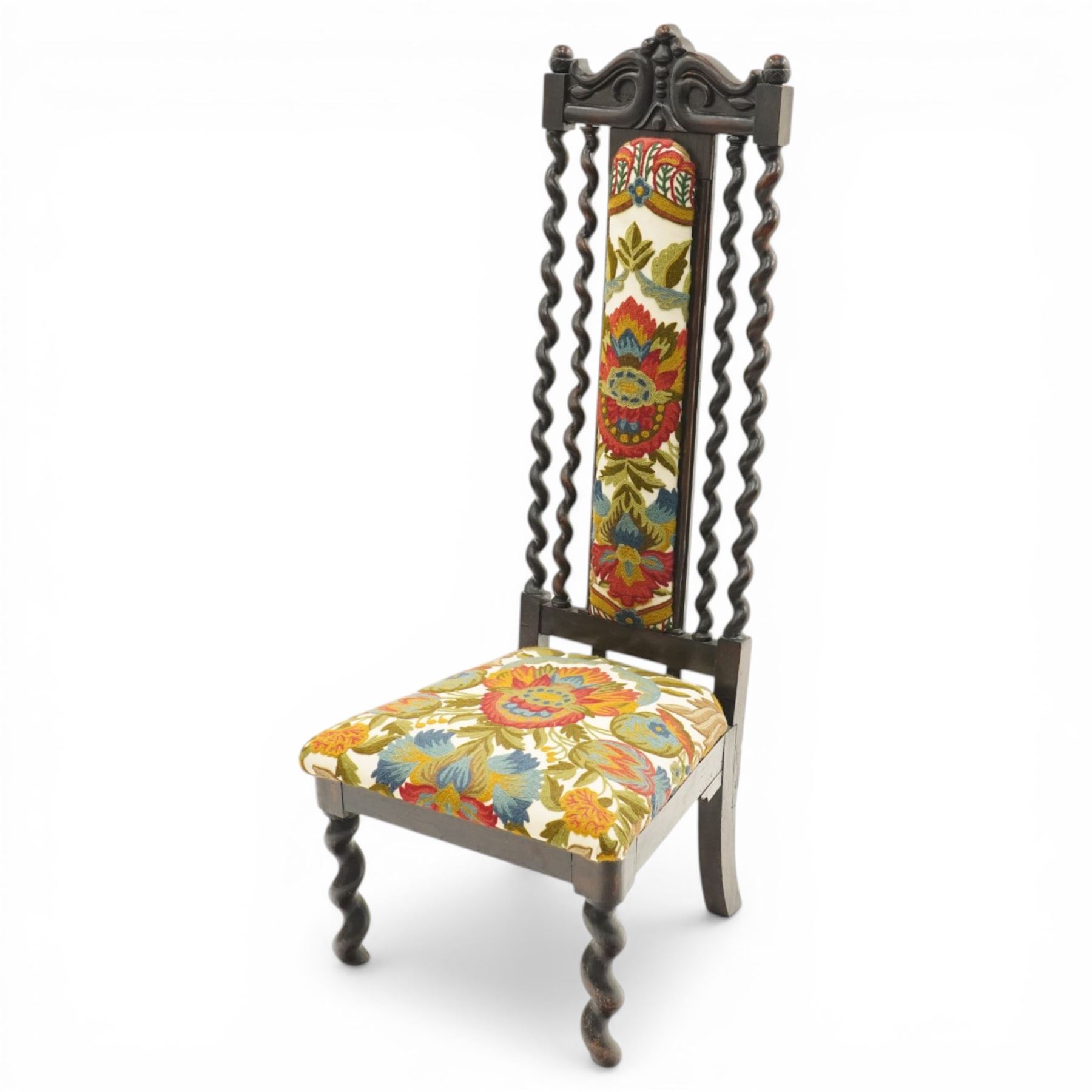 19th century Carolean design oak hall chair, carved cresting rail over barley-twist uprights, high back and loose seat upholstered in wool-work foliate tapestry (W46cm H116cm); 19th century elbow chair mahogany with spiral turned centre rail and roundel-applied frieze (W56cm H85cm)