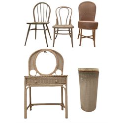 Lloyd Loom style furniture - wicker dressing table with raised mirror, cylinder linen bin, bedroom chair, bentwood chair with cane seat and a hoop and stick back chair (5)