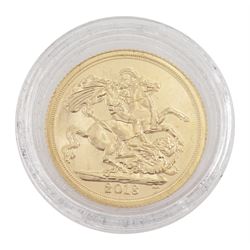 Queen Elizabeth II 2018 gold full sovereign coin, housed in an Imperial Coins case