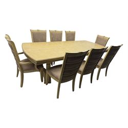 Brunswick - washed oak finish extending dining table, rectangular top with curved ends and carved frieze, central extension leaf, raised on twin pedestals with arched plinth bases and square-sectioned column supports; set of eight (6+2) high-back dining chairs upholstered in beige velvet fabric