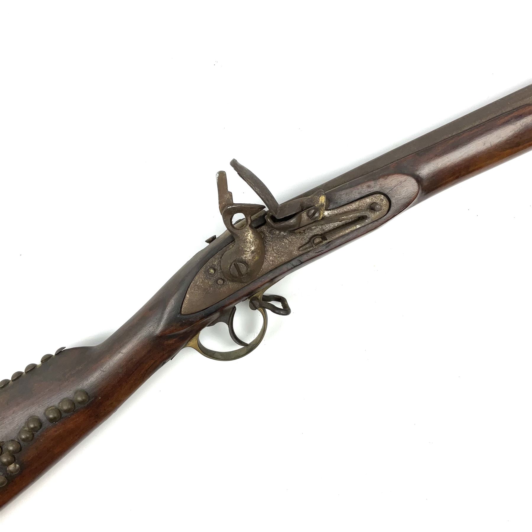 19th century continental flintlock musket for restoration or display, the studded walnut full stock with brass mounts, lock stamped with bumble bee logo possibly for Dresse-Laloux & Cie Liege, under barrel ramrod and one sling swivel, proof marks visible, L166.5cm