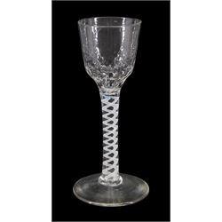 18th century drinking glass, the ogee part honeycomb moulded bowl upon a single series opaque twist stem and conical foot, H14.5cm