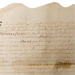 Algernon Percy, 10th Earl of Northumberland: English Civil War period vellum indenture, dated 16 August 1647, between Algernon Percy, Earl of Northumberland and Elizabeth, Countess of Northumberland, relating to a cottage, garth and lands at Hunmanby, Yorkshire, granted to Guy Pickering and Robert Pickering, with reference to Hugh Potter and Peter Dodsworth, manuscript on vellum with decorative initial, pendant seal tag and signatures/witnesses verso

Notes:
Algernon Percy, 10th Earl of Northumberland (1602-1668), was Lord High Admiral to Charles I and later a leading moderate Parliamentarian during the English Civil War. Dated August 1647, this indenture was executed in the aftermath of the First Civil War, while Percy was closely involved in Parliamentary government and in the custody of the King’s younger children. The document concerns property at Hunmanby, Yorkshire, and includes reference to tenure connected with the Crown and King Henry VIII