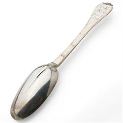 William III silver trefid spoon with rat tail oval bowl, the terminal engraved to the reverse I*E above R*S Jan 7th 1698, L19cm Makers mark SP